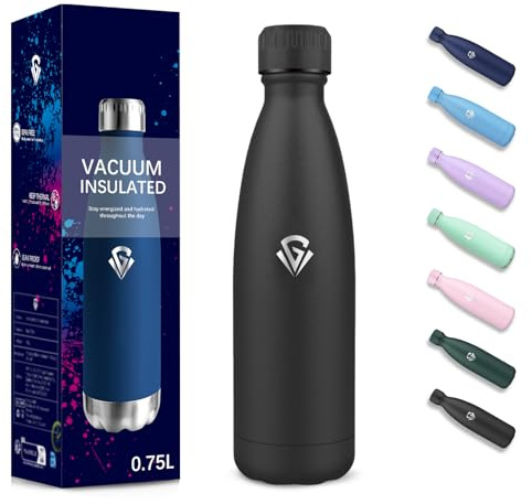 Gourde, 750 ml Sans BPA, Gourde Isotherme, Isolation Sous Vide à Double Paroi, Bouteille Isotherme, 304 Acier Inoxydable, Gourde Acier Inoxydable pour Cuisine, Salle de Sport, Randonnée - Noir