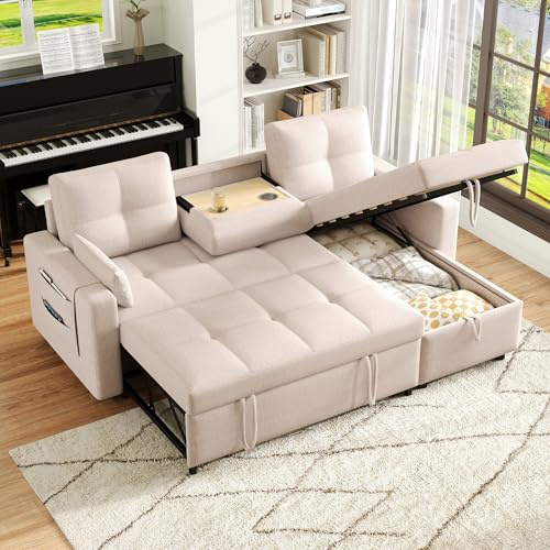 Oxtao Modernes L-förmiges Sofa, modulares Schlafsofa, ausziehbares Schlafsofa mit Schlaffunktion, ausgestattet mit Stauraum, herunterziehbarem Getränkehalter, Leinenstoff (Beige)