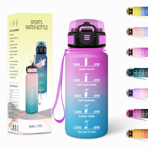 Motswedi Gourde, 500ML Avec de la Paille, Gourdes Enfant, Sans BPA, Gourde Sport, Bouteille d'eau de Motivation avec Marqueur de Temps, Bouteille Enfant Paille pour École, Sport, Yoga - Rose&Cyan