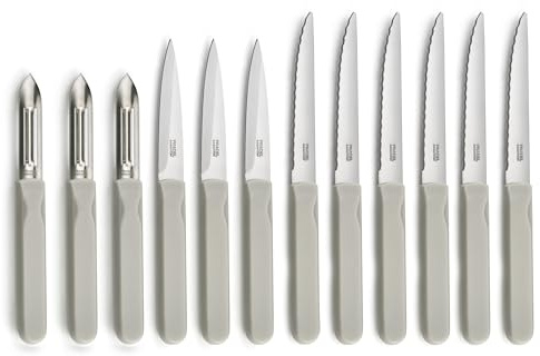 Pradel Essentiel Energy Couteaux de cuisine en Acier 13C, Lot de 12, Ecru | Set 12 couteaux de cuisine : steak, office et éplucheur,Acier inoxydable 13C, Finition Brillante