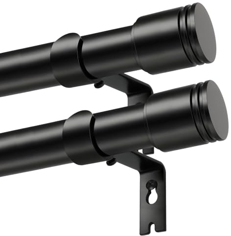 USFOOK 2 Stück Gardinenstange Schwarz 80 bis 218 cm, Vorhangstange Metall | 25 mm VerstellbareGardinenstange für Fenster, Vorhangstangen aus Metall, mit Zylindrischen Endstück, für Schlafzimmer