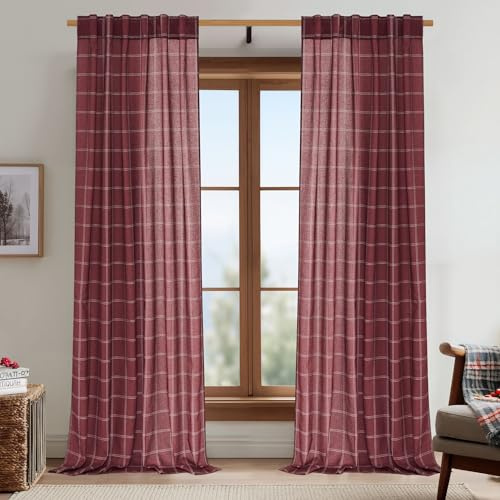 NICETOWN 84 Inches Long Buffalo Plaid Light Filtering Window Curtains,Farmhouse Rod Pocket Back Tab Drapes for Bedroom Livin Room, Privacy Window Treatment Set, 52 W x 84 L, Christmas Red