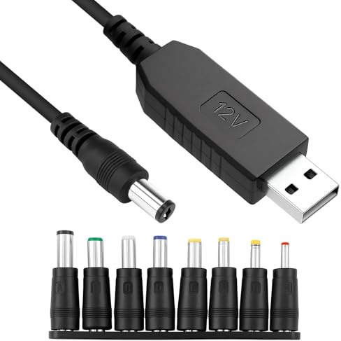 USB to DC 12V Cable, 1M Universal USB to DC Power Chager Cord DC 5.5 X 2.1mm Plug Adapter with 8 DC Connectors for Laptop Router Bluetooth Speakers Monitor Keyboard Toys