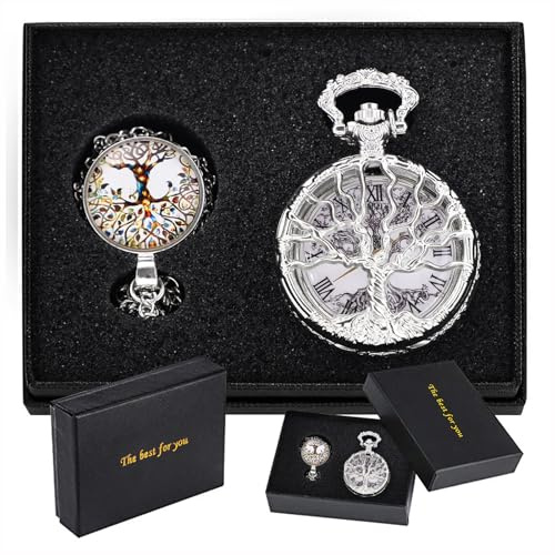 Tiong Orologio da tasca vintage con design cavo, orologio da tasca classico al quarzo con numeri romani, con catena, per uomini e donne, compleanno, laurea, 02-set-argento, Retrò