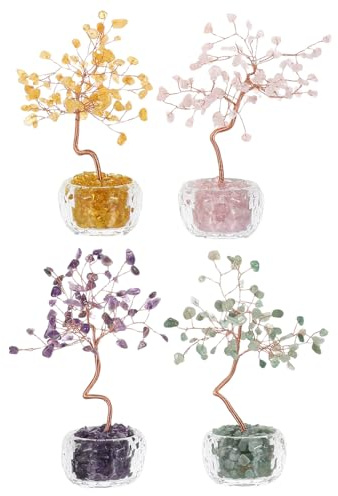 Alipis 4 Piezas de Árbol Riqueza de Cristal Natural – Bonsái Pequeño de Exhibición Amatista Citrino Aventurina Verde y Cuarzo Rosa – Adorno de Escritorio para Atraer Dinero y