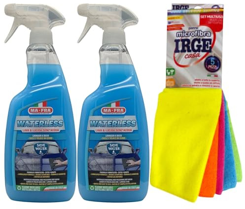 SET: Detergente Spray WATERLESS Lava & Lucida Senz'Acqua, Lavaggio a Secco, Facile e Veloce Da Usare 750ml + Confezione Da 5 Panni In Microfibra (2 Spray + Panni)