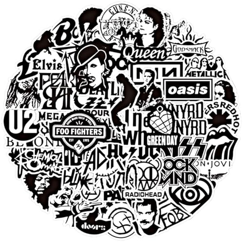 JAXICREY Black and White Music Rock Band Stickers, 50 Pcs Guitar Punk Stickers for Classic Rock, Vinyl Waterproof Decal for Laptop, Bicycle, Water Bottles, Skateboard, Luggage, Teens Adults