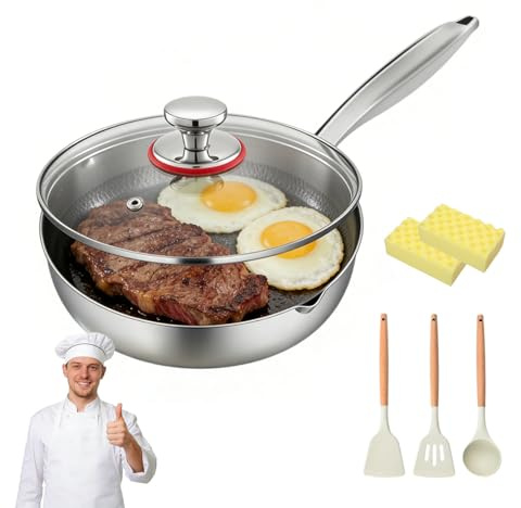Titan Pfanne 18/20/22/24cm mit Deckel, Titanium Pan, Edelstahlpfanne Unbeschichtet & Kratzfest, Wabenstruktur Pfannen Ohne Chemikalien, Spülmaschinenfest Für Gas & Elektroherd (Mit Deckel, 18cm)