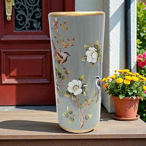 MAISONICA Ceramic Umbrella Stand Stick Holder 44cm Tall Round Green Gold Birds Flowers
