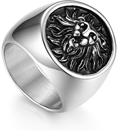 Flongo Herrenring Männer Ringe Siegelring Bandring mit Löwenkopf Löwe Kopf Silber Daumenring Schmuck Biker Herren-Accessoires Größe 71