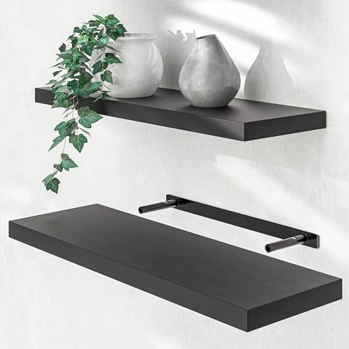 Casaria® Wandregal Holz Schwarz Regal mit Halterung 15kg Tragkraft Hängeregal Küche Wohnzimmer Flur Wand Schweberegal Bücherregal Regalbrett Schwebend Matt 70cm