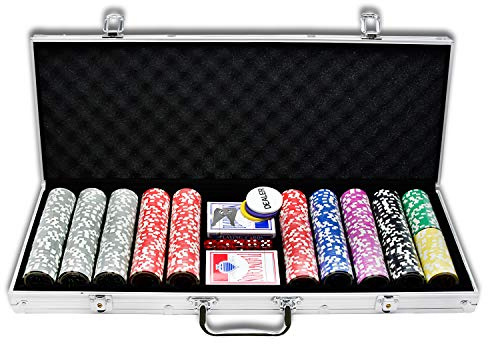 UISEBRT Pokerkoffert-set 500 chips – pokerset laser inkl. 2 x pokerkortlekar, 5 x tärningar, 3 x dealer-knapp (500 chips, silver aluminiumfodral)