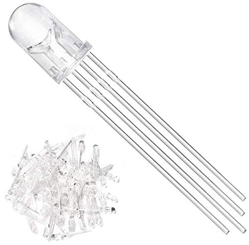 Youmile 100Pack 5mm LED Light Emitting Diode Common Cathode 4Pin RGB Tri-Color(Red/Green/Blue) Clear Transparent Round LED Lamps Buld For Arduino, PCB