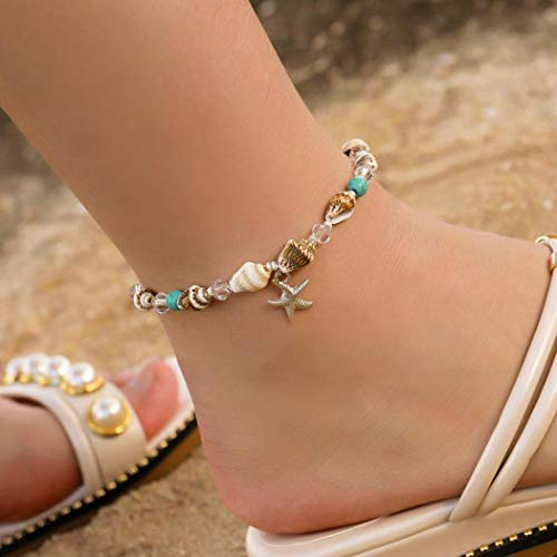 TseenYi Boho Strand Seestern Fußkettchen Mode Naturstein Conch Perlen Muschel Fußkettchen Armband Silber Fußkette Zubehör Verstellbar für Frauen und Mädchen