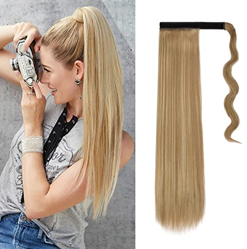 Coleta Postiza Extensiones de Cabello Natural Clip Pelo Sintetico Liso Largo Ponytail Hair Extension Cola Wrap Around (Rubio arenoso&Blanqueador rubia)