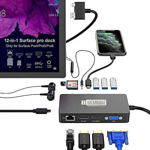 Surface Pro Dock for Surface Pro 4/Pro 5/Pro 6 USB Hub Docking Station with Gigabit Ethernet Port, 4K HDMI VGA DP Display Port, 3xUSB 3.0 Ports, Audio Out Port, USB C Port, SD/TF(Micro SD) Card Reader