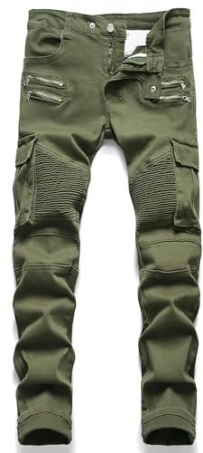 AITITIA Men's Biker Zipper Deco Washed Straight Fit Jeans (32, 007 Green)