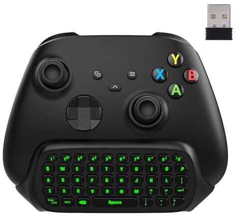 MoKo Xbox Controller Tastatur Chatpad mit 2.4G Empfänger, Mini Gaming Keyboard mit Grüner LED Hintergrundbeleuchtung & 3,5 mm Audio Anschluss, für Xbox One/One S/Elite/Series X/S Controller