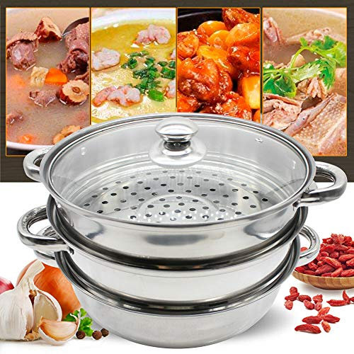 RibasuBB 3 Tier Kochtopf Dämpfer, 27cm Edelstahl Dampftopf mit Belüftetem Glasdeckel, Edelstahl Topf Dämpfeinsatz Kartoffeldämpfer Gardampfkochtopf, Dampfkocher für Gas Elektro- und Vollkochplatten