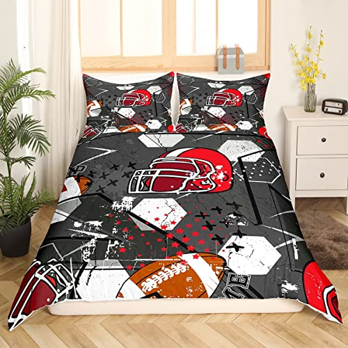 Homewish Fußball-Bettbezug 135 x 200, roter American Football-Helm-Bettwäsche-Set für Kinder, Jungen, Teenager, Männer, Bettbezug mit geometrischem Sechseck, Retro-Grau, weicher Tagesüberwurf