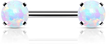 Paula & Fritz® Push-In Piercing Brustwarze Silber Opal Weiß Chirurgenstahl 316L Kugel Set 1,6-mm Stab-Dicke Nipple Gewindelos Straight Barbell Bridge