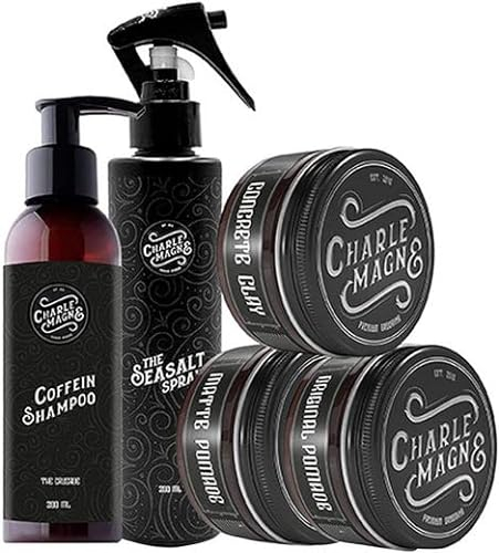 Charlemagne Haarstyling Bundle - Bestehend aus Sea Salt Spray, Koffein Shampoo, Concrete Clay, Matte Pomade und Original Pomade - Männer Geschenkset Pflegeset Männer Haarpflege mit Seasaltspray