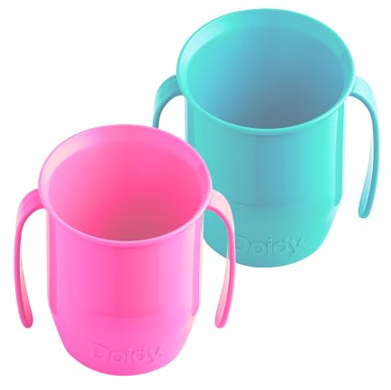 Doidy Vaso doble de 200 ml | Transición al destete (sin válvula ni boquilla) | Bebé de 3 meses en adelante | Vaso abierto con asas para beber fácilmente (rosa cereza/turquesa)