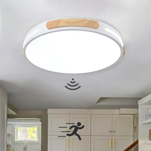LED Deckenleuchte mit Radar Bewegungsmelder Innen Holz Deckenlampe mit Bewegungssensor Runden Decke Lampe mit Sensor für Flur Korridor Treppe Bad Veranda Küche Garage, Neutralweiß 4000K (Weiß,30cm)