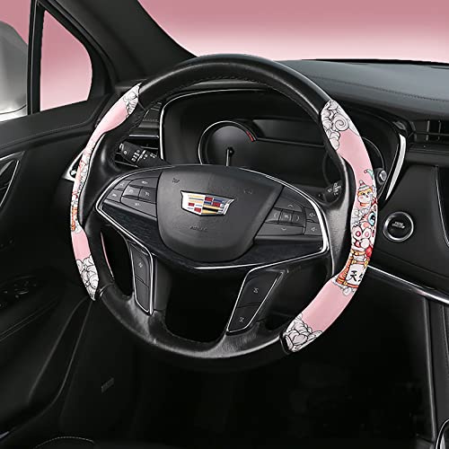 Lenkradbezug aus Leder, rutschfest, verschleißfest, Auto-Lenkradzubehör mit niedlichem Cartoon-Muster, Radschutz für Vier Jahreszeiten, Männer, Frauen, Mädchen (Rosa)