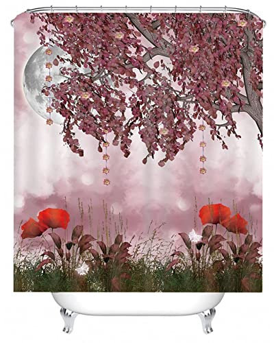 Whoiy Duschvorhang Blumen Rosa, Duschvorhang Eckbadewanne 165X180cm Polyester Duschvorhänge Baum und Blume Waschbar Wasserdicht