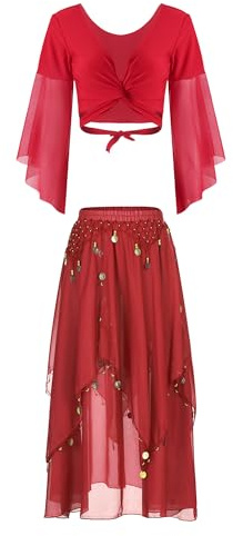 Manyakai Bauchtanz Kostüm Damen Sexy Chiffon Wickeljacke Kurz Top Cut Out Wickel Oberteil Bauchfrei Asymetrisch Tanzrock Midi Rock Mit Münzen Tanzkostüm