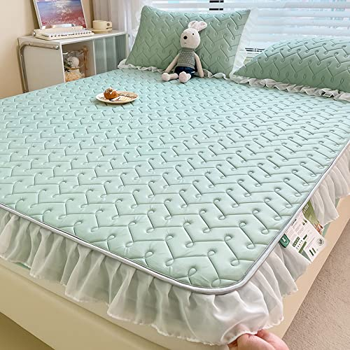 FCLDESHOP Gummizug in vielen Größen Spannbettlaken,Latex-Eisseide-Bettwäsche, sommerlich, kühl, hautfreundlich, Cartoon-Druck, Matratzenbezug, Rüschen-Bettbezug, grün, 150 x 200 cm