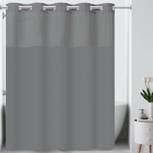 Hookless It's A Snap! Plainweave Shower Curtain, 3-in-1 Shower Curtain Includes Hookless Shower Curtain with Sheer Top Window, Flex-On Rings & PEVA Snap-in Liner, 71 x 74, Frost Grey