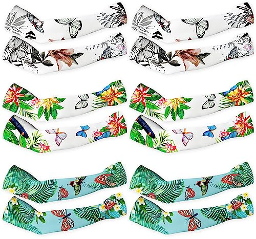 DECOHS 6 Pairs Butterfly Farmer Gardening Sleeves- Farm Sun Protection Arm Sleeves- Cooling Sun UV Protection Arm Covers with Thumb Hole for Women Men