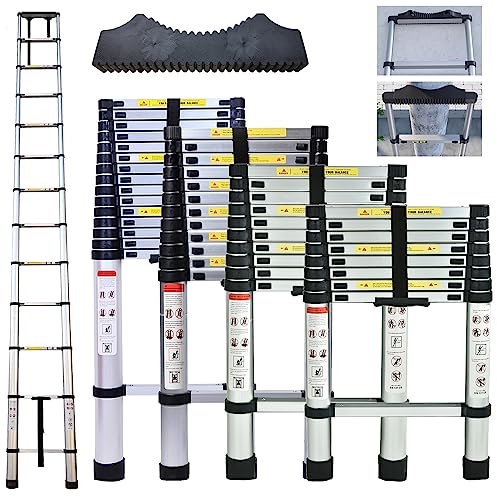 Hooha Scala telescopica in alluminio, pieghevole, 3,9 m/5,1 m/6,3 m, con tappetino antiscivolo in fibra di gomma, pieghevole, portata 150 kg, con certificato EN131