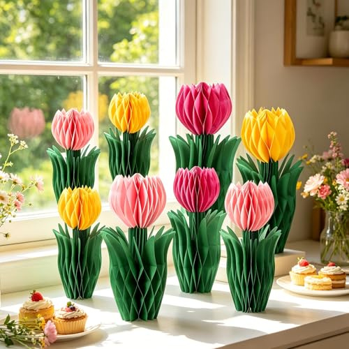 SUNBEAUTY 8 tulipanes artificiales, rosa, naranja, papel, flores artificiales para bodas, hogar, hotel, decoración de mesa, decoración de fiesta