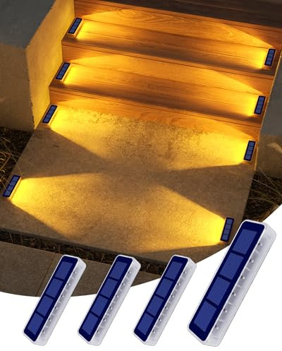 DetarZinLED Solar Lights Outdoor Garden, 4-Pack Waterproof Decking Lights Warm White, 1000mAh Battery & 8-10H Auto Lighting Solar Step Light for Stairs Dock Patio Path Driveway