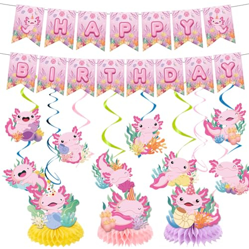 Refavor Axolotl Birthday Party Decorations, 15PCS Axolotl Theme Birthday Banners Hanging Swirl Honeycomb Centerpieces, Cute Salamander Party Decor Kids Girls