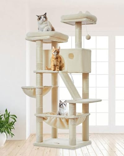 Taoqimiao Rascador para Gatos 146cm, Árbol para Gatos Grandes, 8 Postes de Sisal para Arañar, Panel Rascador, Hamaca Suave, 2 Plataformas Acolchadas Superiores, MS026M Beige