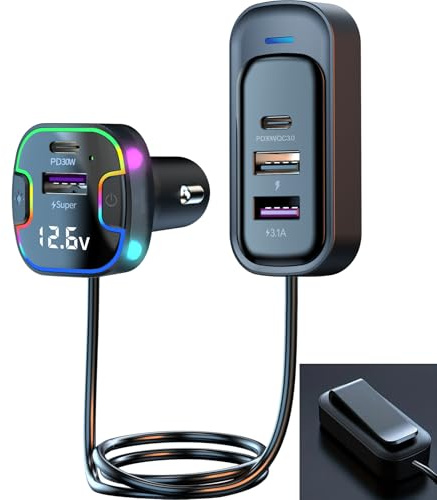 Thlevel USB C Auto Ladegerät 75W PD und QC 3.0 mit 5 Anschlüssen Schnellladung 1,5 Meter Kabel für 12V/ 24V KFZ Wohnmobil Boot