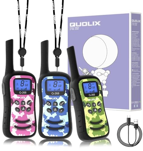 QUOLIX Walkie Talkie Niños, Recargable Largo Alcance Walkie Talkie Niña Camuflaje 3pcs - 8 Canales con Batería Li-Ion Linterna Función SOS y VOX, para 3-12 Años Exteriores Camping Senderismo