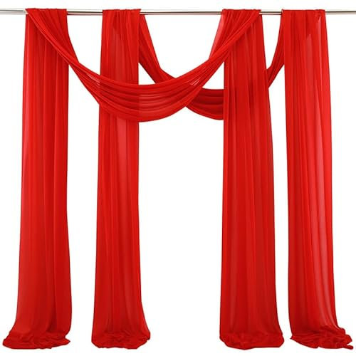 SYSUII 2 Stück 75 * 600cm Querbehang Transparente Freihanddeko Transparentem Voile Deko Hochzeitsbogen Gardinen Hintergrund Vorhang Dekoration für Schlafzimmer Wohnzimmer Fotografie-Rot