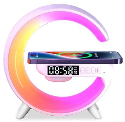 Lampara en Forma de G, Lampara Mesita de Noche con Altavoz Bluetooth Lamparas LED Mesita de Noche con Cargador Inalambrico Lámpara LED Inteligente, 10 Modos de Luces para Oficina, Dormitorio (Blanco)