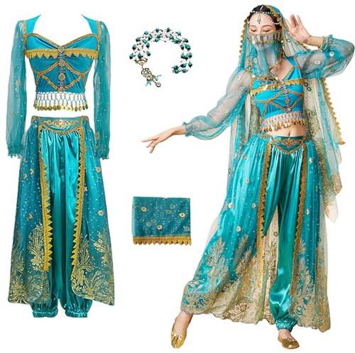 Hallojojo Damen Jasmin Kostüm Mit Zubehör - Arabische Prinzessin Verkleidung, Aladdin Outfit, Bauchtanz Halloween Karneval Party Bühnenauftritt für Erwachsene