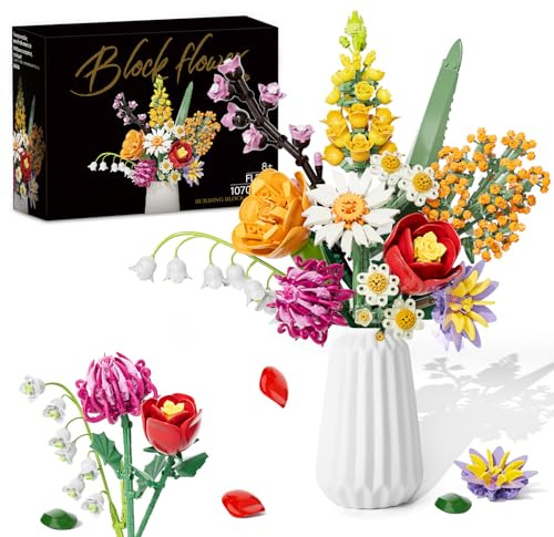 KOJAYHOL Bouquet de Fleur Plantes Construction, 1070 pièces Set de briques de fleurs, DIY 10 Set de Fleurs Artificielles à Construire, Fête des mères, anniversaire, cadeau de Saint-Valentin, sans vase