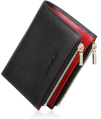VISOUL Portafoglio in Vera Pelle con Doppia Cerniera, Chiusura a Scatto Portafoglio Bifold da Uomo con Blocco RFID, 7 Scomparti per Carte e 1 Tasca per Contanti Nero+Rosso