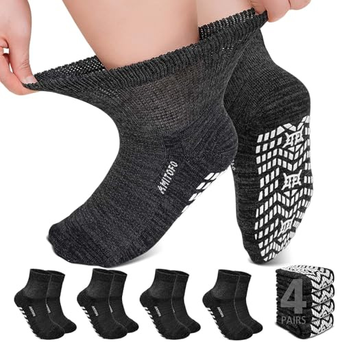 ZFSOCK Diabetiker Socken Herren Damen: Bambus Stoppersocken mit Komfortbund Ohne Gummibund & Naht Extra Weite Antirutschsocken Für Geschwollene Füße Schwangere Senioren Schwarz 4 Paar 43-46
