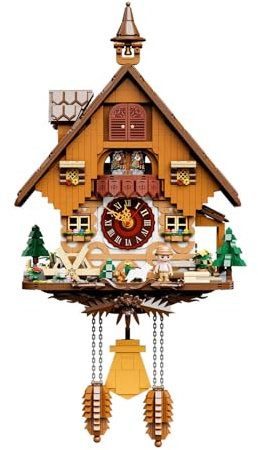 PAN TASY Cuckoo Clock Building Block Set - Vintage Chalet Design, Working Mechanical Wall Clock Model with Motorized Cuckoo, Rotating Stage, and Waterwheel - Perfect for Adult Builders and Home Décor