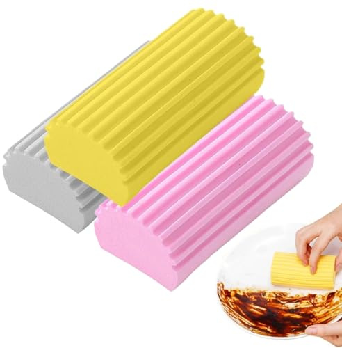 Damp Duster Lot de 3 éponges Damp Clean Duster | pour fenêtres, rampes, stores, fentes de porte, canapés (gris, rose, jaune)