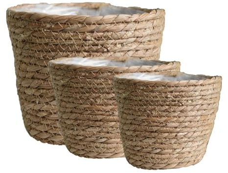 Derwrtup 3er Set Pflanzenkorb Seegras - Übertopf Geflochten Boho - Blumentöpfe Geflochten Rund - Mit Wasserdichtem Stofffutter Im Boho Stil - Für Accessoires Schminke Tampon Spielzeug